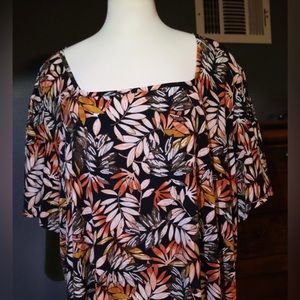 Est. 1948 deep oranges and greens leaf print top, size 26/28